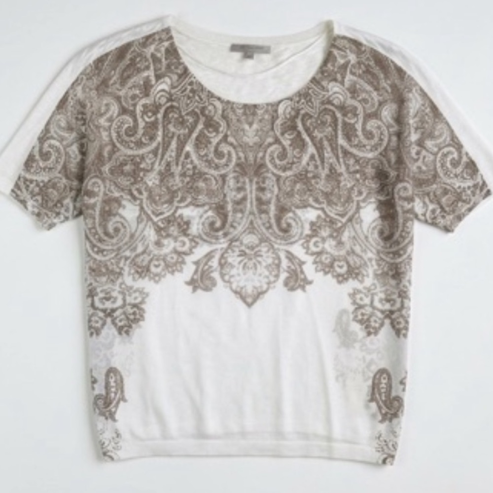 Comma casual Identity  Women's Short Sleeve Paisley Crewneck Top - White & Taupe